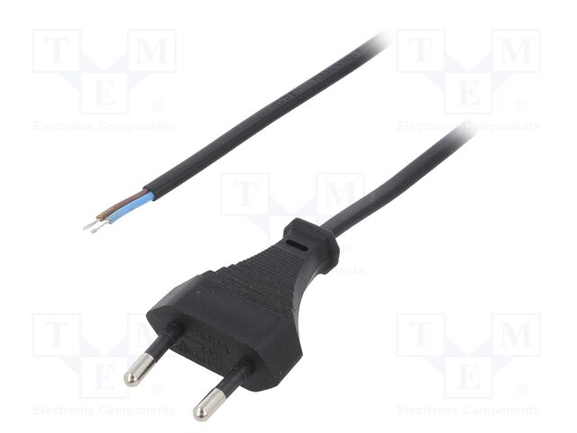 Cable; 2x0.5mm2; CEE 7/16 (C) plug,wires; PVC; 1.6m; black; 2.5A