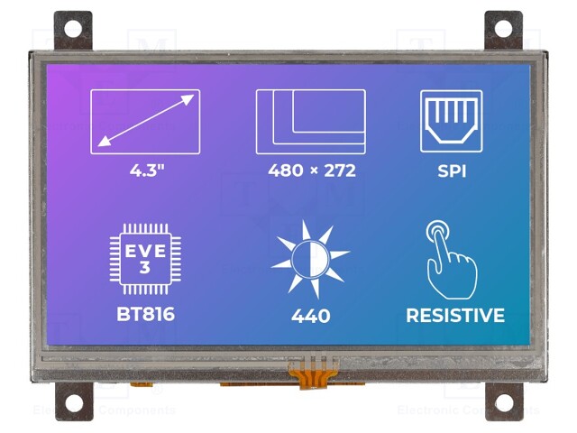 Display: TFT; 4.3"; 480x272; Illumin: LED; Dim: 106.3x68x8.05mm