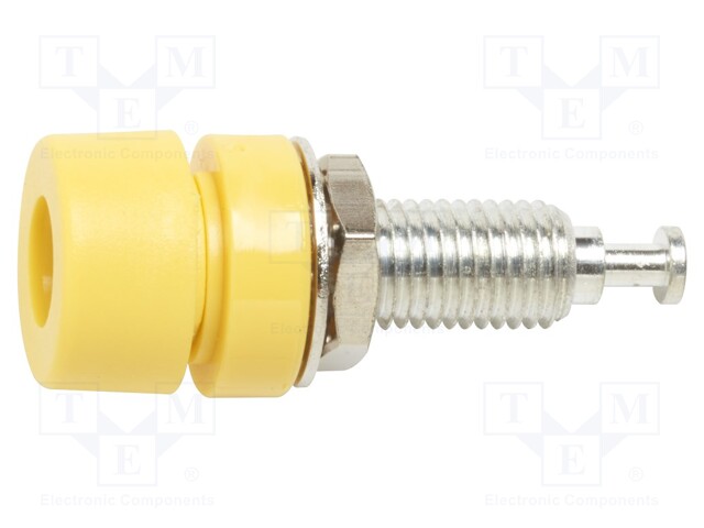 Socket; 4mm banana; 15A; yellow; tinned; on panel; max.115°C; 60VDC