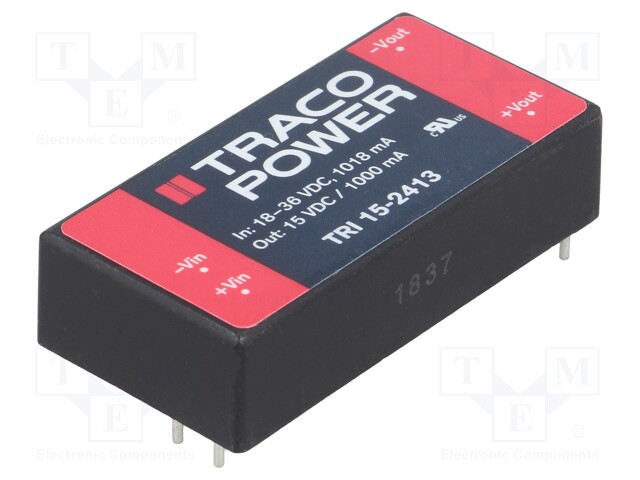 Converter: DC/DC; 15W; Uin: 18÷36V; Uout: 15VDC; Iout: 1A; 2"x1"; 30g