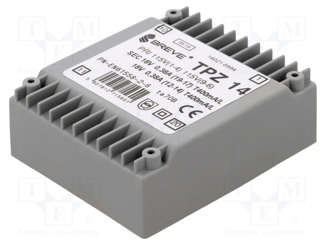 Transformer: mains; 14VA; 115VAC; 18V; 18V; Mounting: PCB; IP00