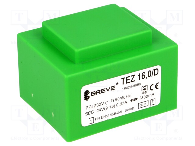 Transformer: encapsulated; 16VA; 230VAC; 24V; 666.6mA; IP00; 420g