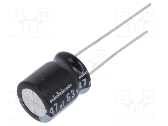 Capacitor: electrolytic; THT; 47uF; 63VDC; Ø10x12.5mm; Pitch: 5mm