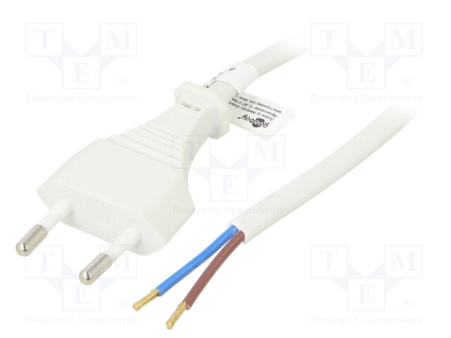 Cable; CEE 7/16 (C) plug,wires; PVC; 1.5m; white; 2.5A; 250V