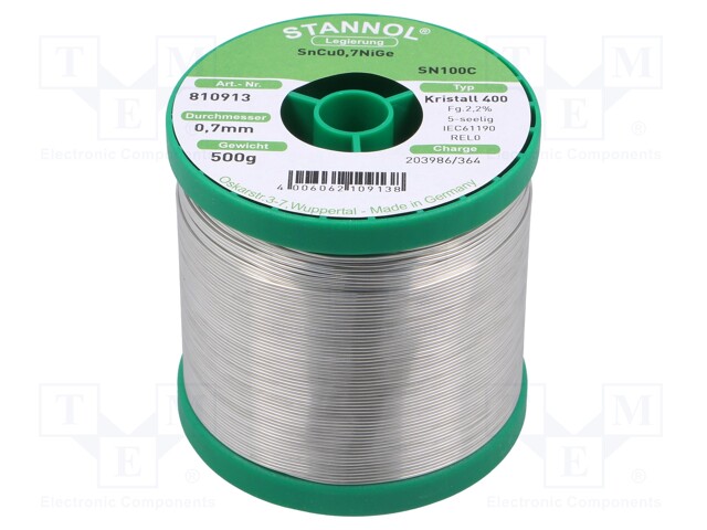 Soldering wire; Sn99,3Cu0,7+NiGe; 0.7mm; 0.5kg; lead free; 227°C