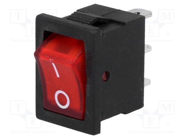 ROCKER; SPST; Pos: 2; OFF-ON; 3A/250VAC; red; neon lamp; 35mΩ