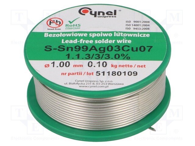 Soldering wire; Sn99Ag0,3Cu0,7; 1mm; 100g; lead free; 216÷227°C