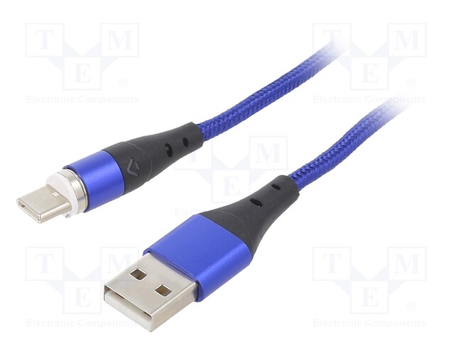 Cable; USB 2.0; USB A plug,USB C plug; nickel plated; 2m; blue