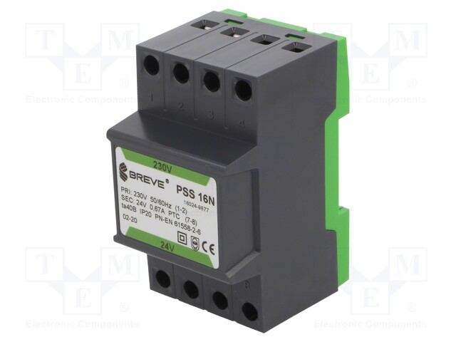 Transformer: safety; 16VA; 230VAC; 24V; IP30; Mounting: DIN