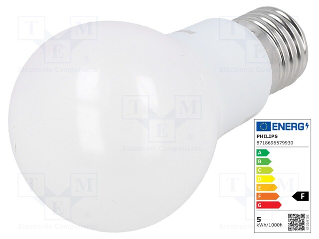 LED lamp; white; E27; 230VAC; 470lm; 5W; 200°; 3000K; CRImin: 80