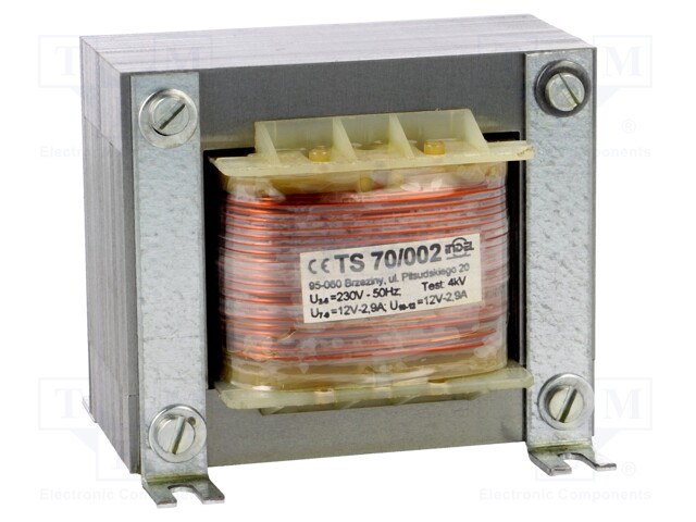 Transformer: mains; 70VA; 230VAC; 12V; 12V; 2.9A; 2.9A; IP00