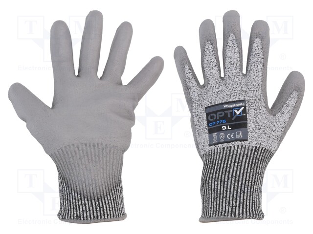 Protective gloves; Size: 9,L; grey; HPPE,polyester; Opty