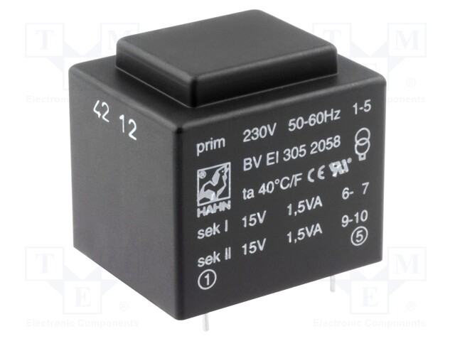 Transformer: encapsulated; 3VA; 230VAC; 15V; 15V; 100mA; 100mA; 111g