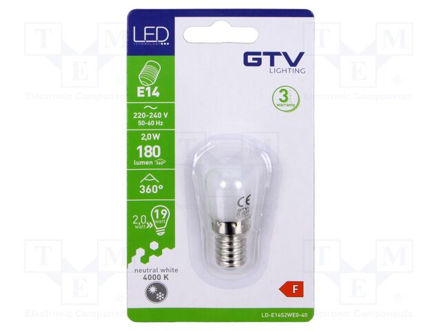 LED lamp; neutral white; E14; 230VAC; 180lm; 2W; 360°; 4000K