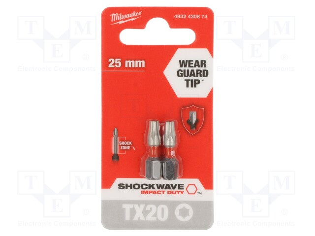 Screwdriver bit; Torx®; TX20; Overall len: 25mm; 2pcs; Kind: impact