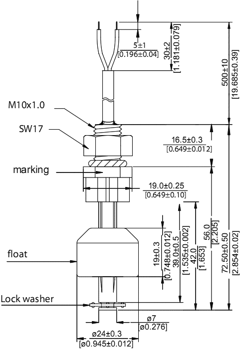 Sensor: liquid level; -20÷90°C; lead 0,5m; Output conf: SPST-NO