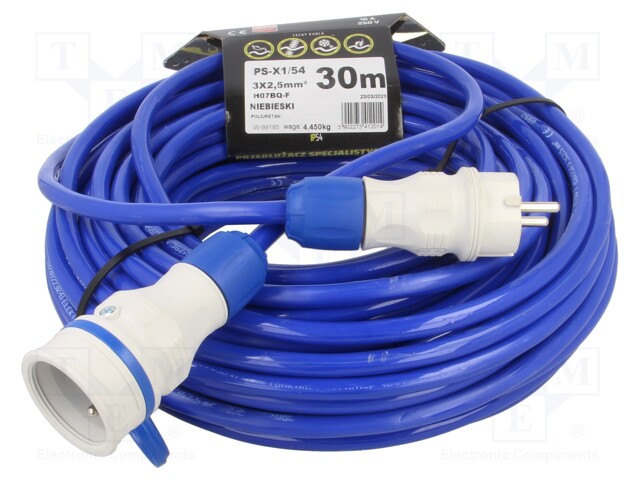 Extension lead; Sockets: 1; PUR; blue; 3x2,5mm2; 30m; 16A