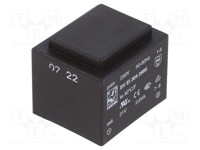 Transformer: encapsulated; 2.6VA; 230VAC; 21V; 123mA; Mounting: PCB