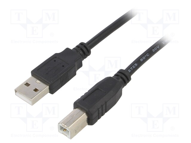 Cable; USB 2.0; USB A plug,USB B plug; nickel plated; 5m; black