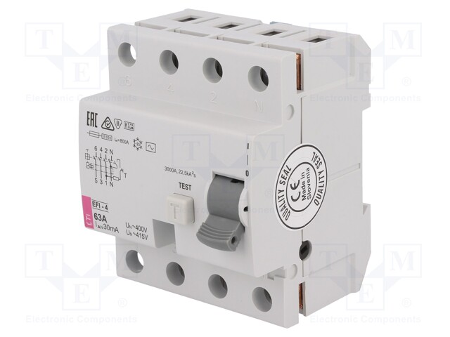 RCD breaker; Inom: 63A; Ires: 30mA; Poles: 4; 400V; Mounting: DIN