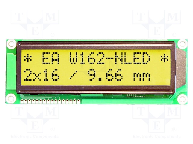 Display: LCD; alphanumeric; STN Positive; 16x2; yellow-green; LED