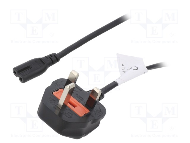 Cable; BS 1363 (G) plug,IEC C7 female; 1.8m; black; 3x0,75mm2