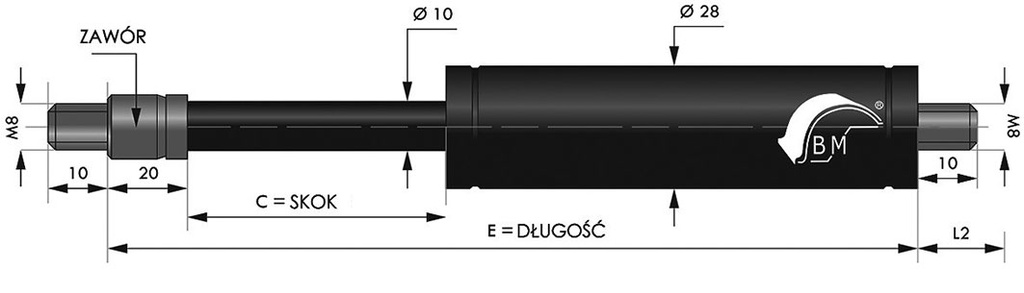 Gas spring; Thread: M8; E: 600mm; Øout: 28mm; Piston diam: 10mm; 300N