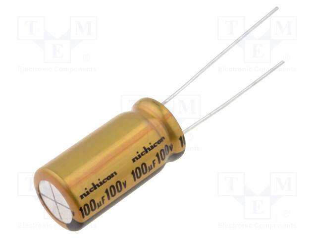 Capacitor: electrolytic; THT; 100uF; 100VDC; Ø10x20mm; Pitch: 5mm