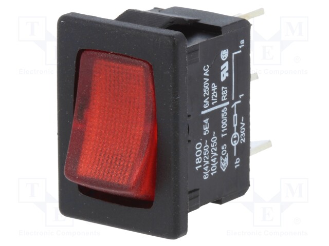 ROCKER; SPST; Pos: 2; ON-OFF; 10A/250VAC; red; IP40; LED; 100mΩ