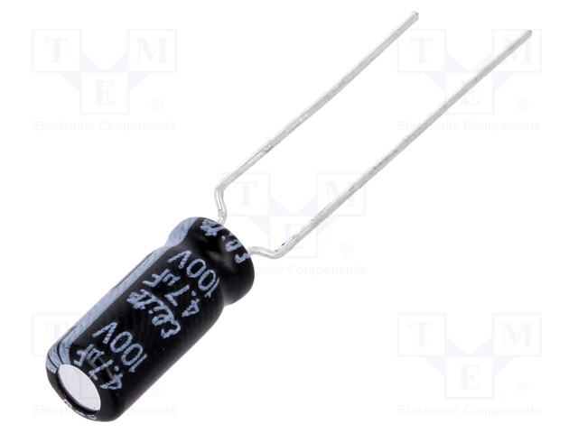 Capacitor: electrolytic; THT; 4.7uF; 100VDC; Ø5x11mm; Pitch: 5mm