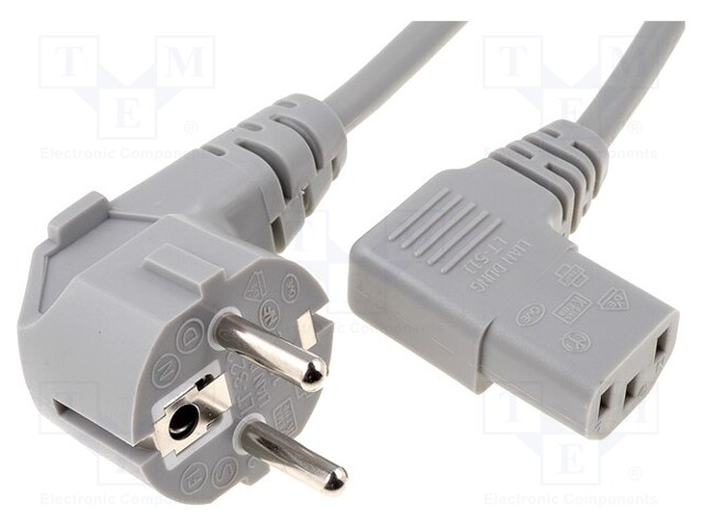 Cable; CEE 7/7 (E/F) plug angled,IEC C13 female 90°; 5m; grey