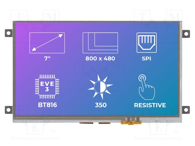 Display: TFT; 7"; 800x480; Illumin: LED; Dim: 165.6x100.6x11.53mm