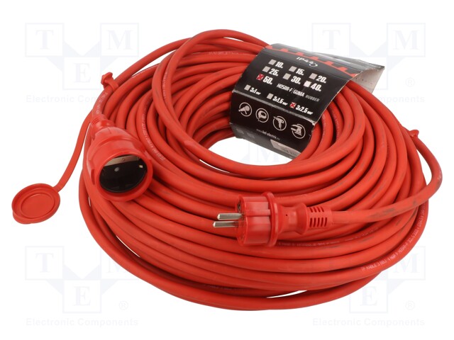 Extension lead; Sockets: 1; rubber; red; 3x2,5mm2; 50m; 16A