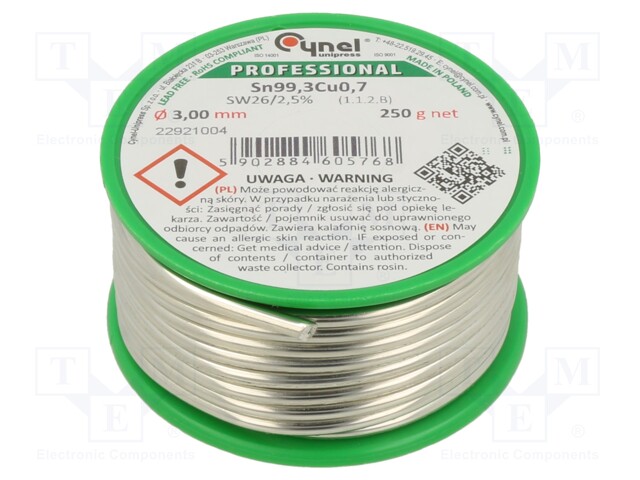 Soldering wire; Sn99,3Cu0,7; 3mm; 250g; lead free; Package: reel