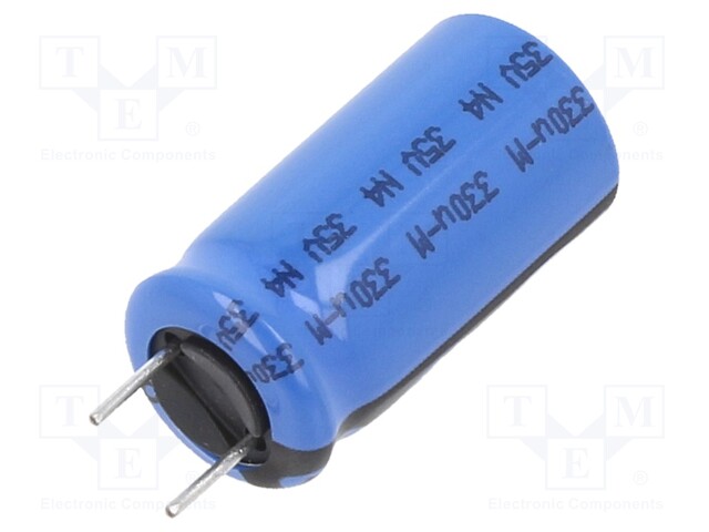 Capacitor: electrolytic; THT; 330uF; 35VDC; Ø10x20mm; Pitch: 5mm