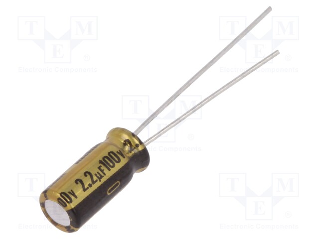 Capacitor: electrolytic; THT; 2.2uF; 100VDC; Ø5x11mm; Pitch: 2mm