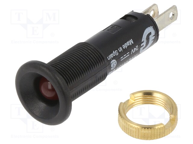 Indicator: LED; flat; 24VDC; Cutout: Ø8mm; IP40; plastic; Body: black