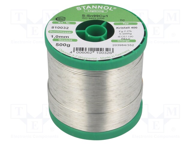 Soldering wire; Sn99Cu1; 1mm; 0.5kg; lead free; Package: reel