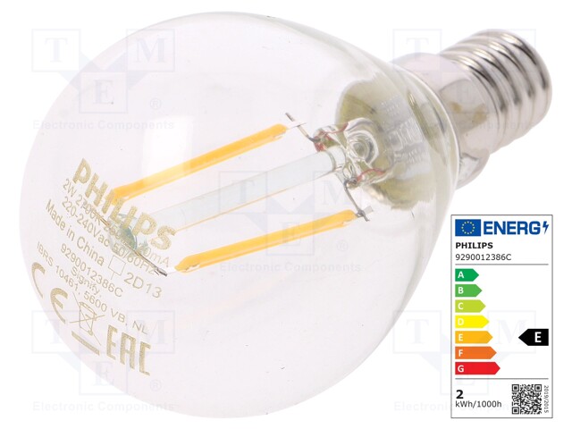 LED lamp; warm white; E14; 230VAC; 250lm; 2W; 2700K; CRImin: 80