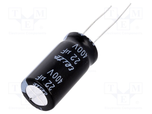 Capacitor: electrolytic; THT; 22uF; 400VDC; Ø12.5x25mm; Pitch: 5mm