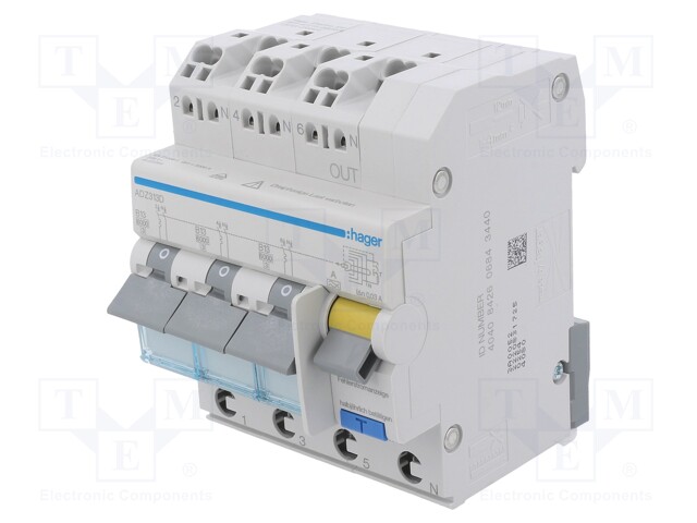 RCBO breaker; Inom: 13A; Ires: 30mA; Max surge current: 250A; DIN