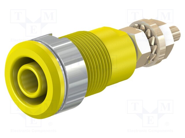 Socket; 4mm banana; 32A; 1kV; Cutout: Ø12.2mm; yellow; gold-plated