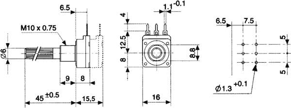 Potentiometer: shaft; 500kΩ; 100mW; THT; 6mm; plastic; carbon