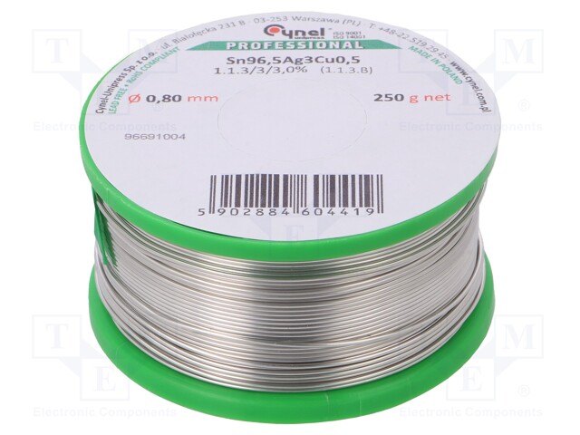 Soldering wire; Sn96,5Ag3Cu0,5; 0.8mm; 250g; lead free; 217÷219°C