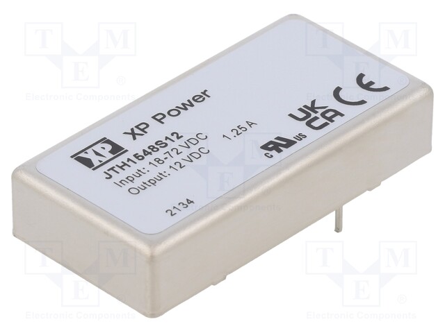 Isolated Board Mount DC/DC Converter, 4:1 Input, ITE, 1 Output, 15 W, 12 V, 1.25 A