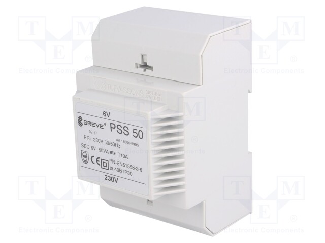 Transformer: safety; 50VA; 230VAC; 6V; IP30; Mounting: DIN; 1.1kg