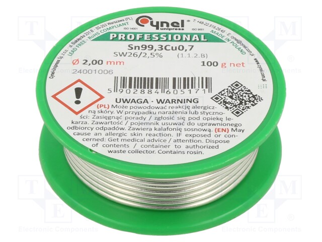 Soldering wire; Sn99,3Cu0,7; 2mm; 100g; lead free; Package: reel