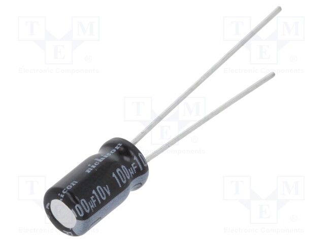 Capacitor: electrolytic; THT; 100uF; 10VDC; Ø5x9mm; Pitch: 2mm; ±20%