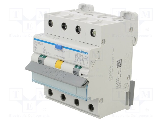 RCBO breaker; Inom: 40A; Ires: 30mA; Max surge current: 250A; DIN