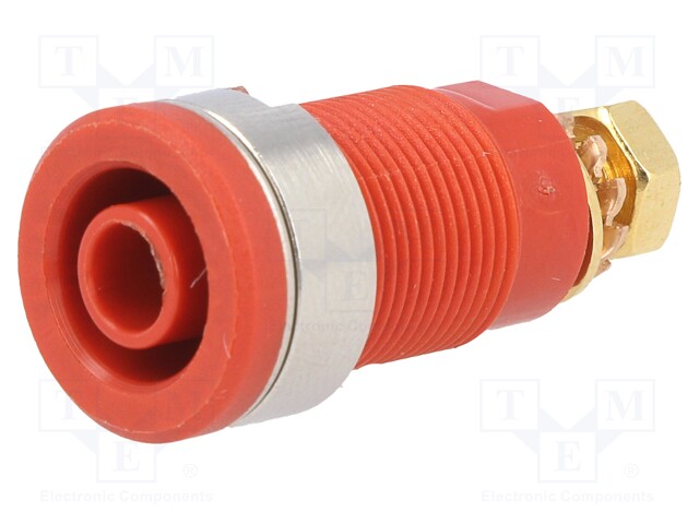 Socket; 4mm banana; 32A; red; gold-plated; screw,on panel; 32mm